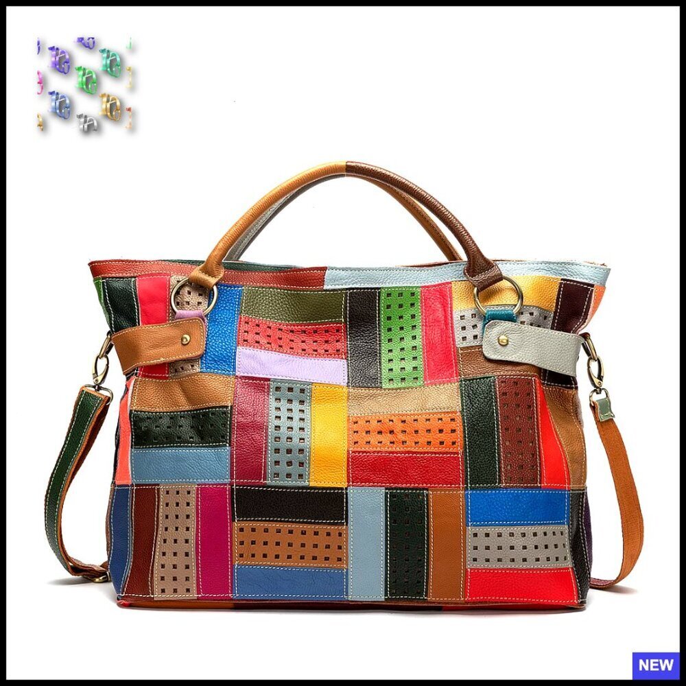 Genuine Leather Tote Hobo Bag Unique Patchwork Design Detachable Strap Large
